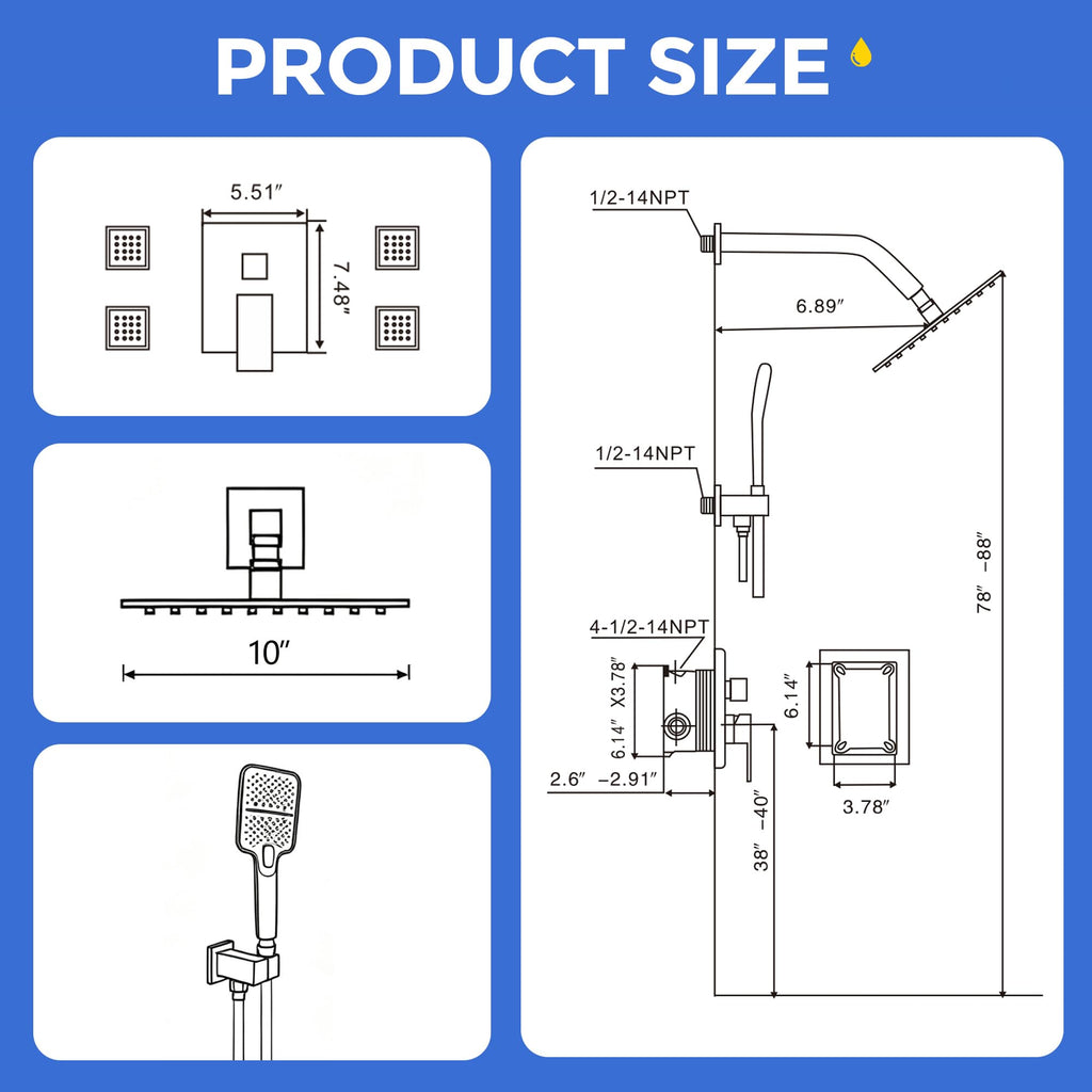 10 Inch Rain Shower Faucet Set with Body Jets, Matte Black