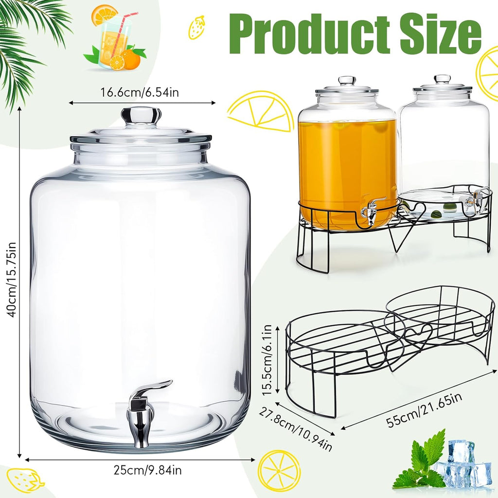 Gallon Glass Drink Dispenser for Parties Large with Stand and Spigot Leakproof Water Storage Lemonade Juice - Set of 2