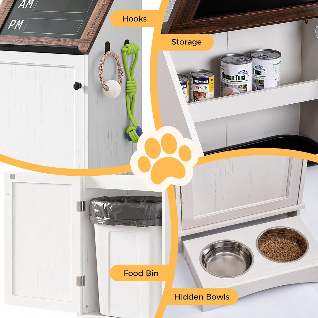 Dog Food Feeding Station Storage with Bowls, Pet Food Storage Cabinet with Flip-Top Blackboard, Hidden Trash Can, Pet