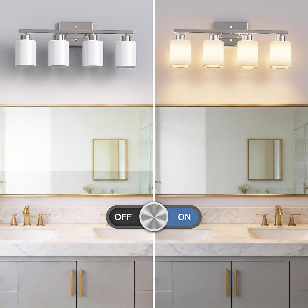 4-Light Brushed Nickel Bathroom Light Fixtures, Modern Vanity Light Over Mirror Lighting, Wall Sconce with Frosted
