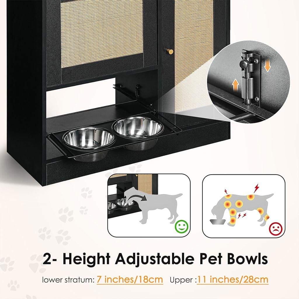 Pet Feeder Station Storage Cabinet, Hidden Pet Feeder Station with 2 Elevated Dog Bowls and Side Hooks, Cat Feeding