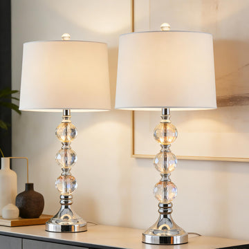 27.5" Crystal Table Lamps Set of 2, 3 Way Dimmable Modern Clear Crystal Bedside Nightstand Lamps with White Shade
