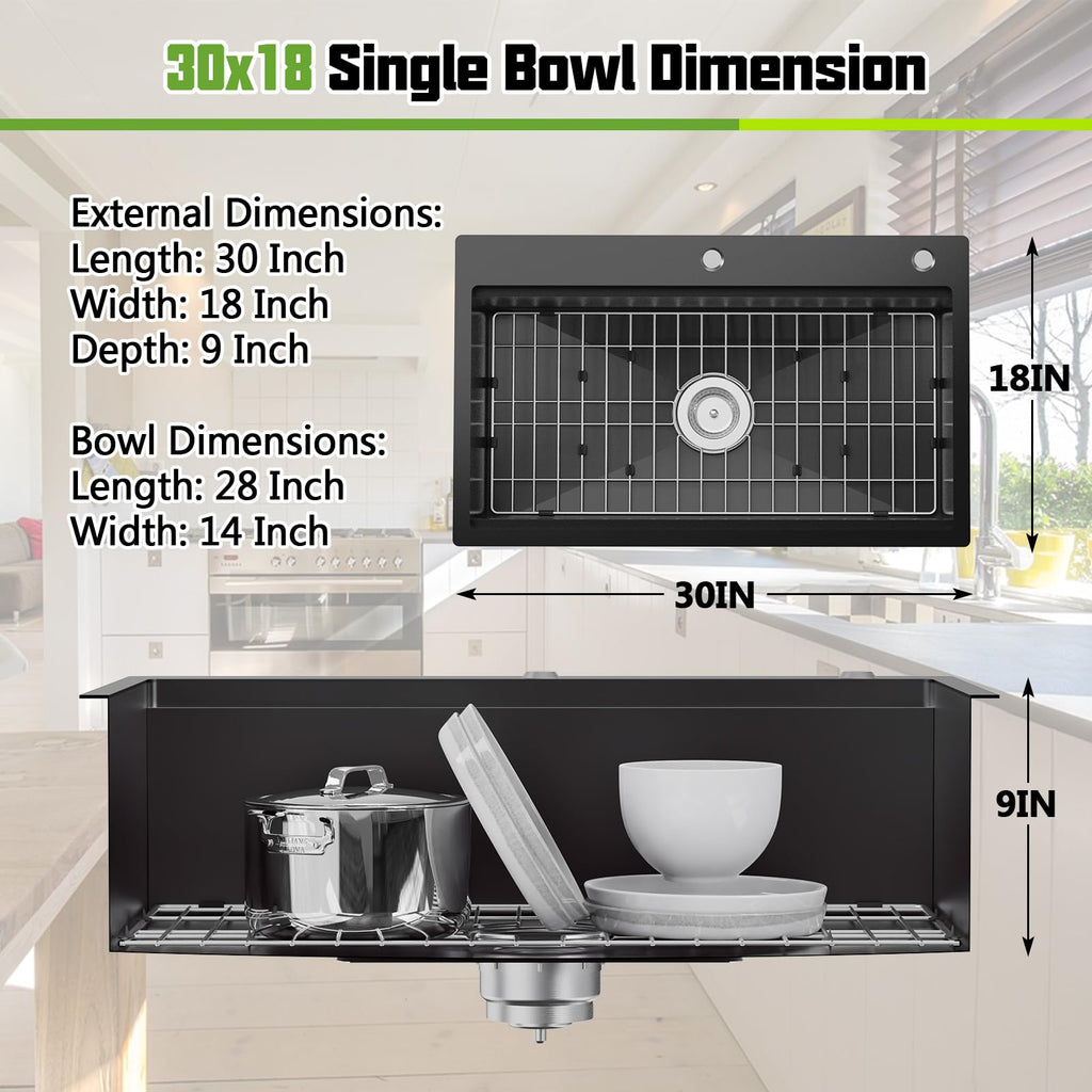 Black 30x18In Drop-in Workstation, Stainless Steel, Single Bowl