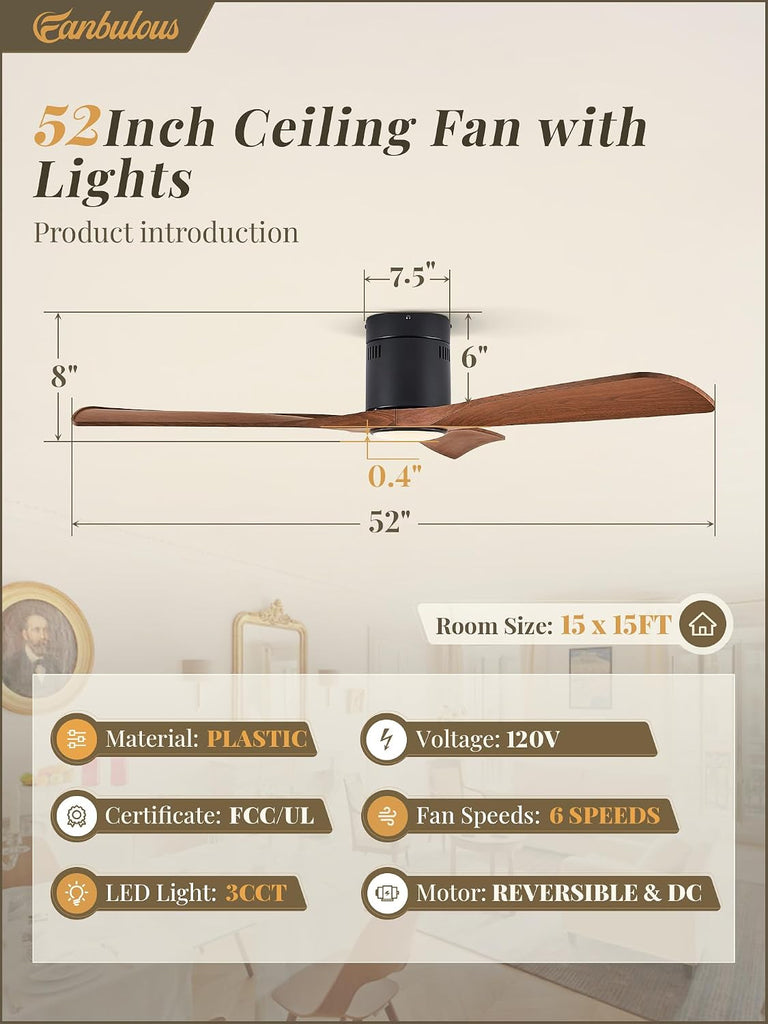 52" Low Profile Ceiling Fan with Lights and Remote, Timer, Walnut