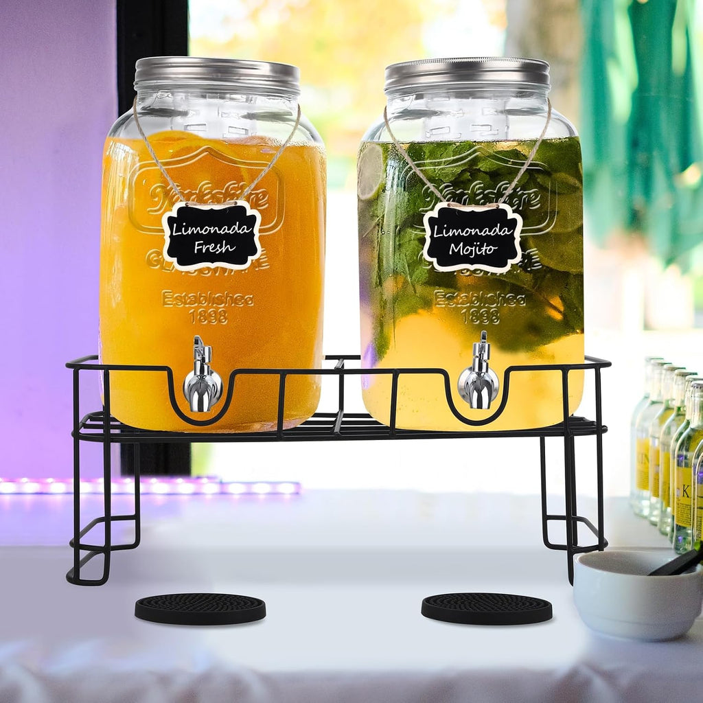Gallon Glass Beverage Drink Dispenser with Stand Dual Beverage Dispensers with Ice Cylinder Steel Spigot - Set of 2