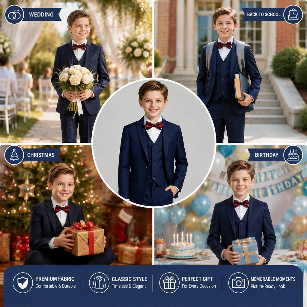Boy's Formal Suit Set, Slim Fit Suits for Kids, 5 Pieces Boys Tuxedo Set