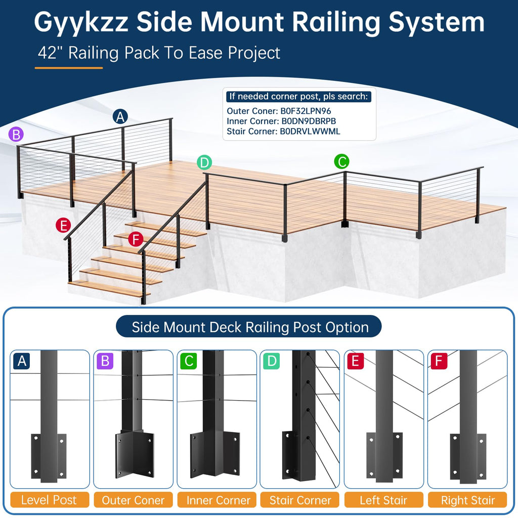 4-12FT Swageless Left Side Mount Stair Post Kit for 36"/42" Railing