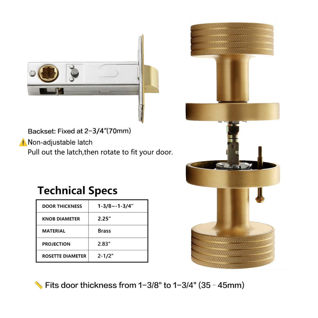 Knurled Brass Privacy Door Knob - Solid Brass Industrial Style Handle with Brushed Finish - Fixed 70mm Backset Doors
