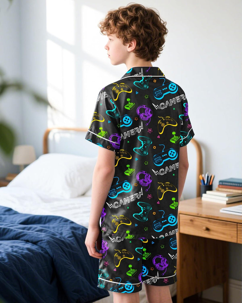 Boys Pajamas Boys Satin Pajamas Set Summer Short Sleeve Button-Down & Shorts Pjs Kids Boy Silky Pajama