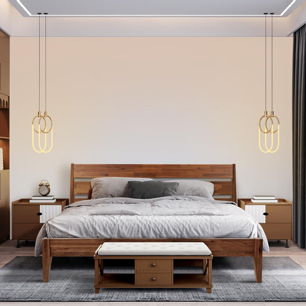 Emery Bed Frame with Headboard Solid Wood Platform Bed, Queen Size Bed Frame, Mid - Century Modern Wood Bed