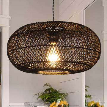 Rattan Pendant Light 15.75" 1-Light Hand-Woven Bamboo Rattan Hanging Lamp Large Globe Wicker Chandelier Modern