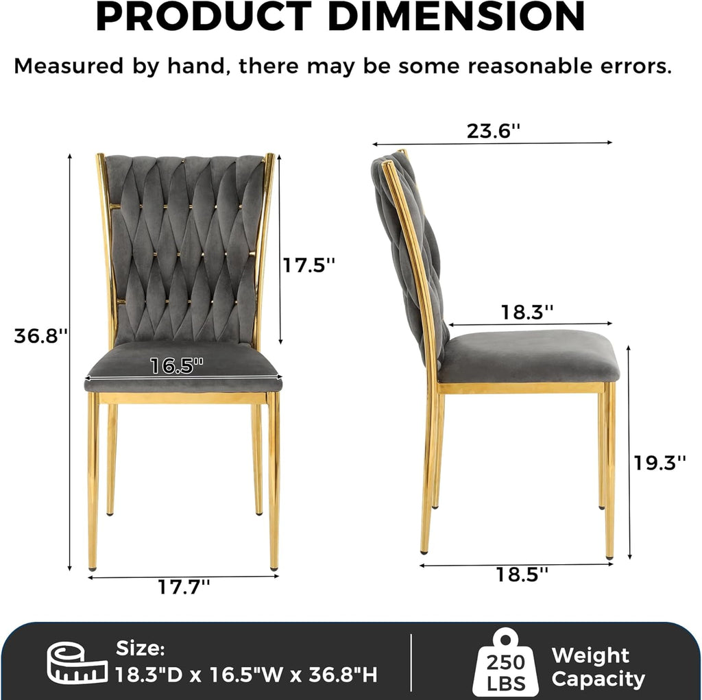 Velvet Dining Chairs Set of 4, Modern Woven Kitchen Chairs with Gold Metal Legs, Upholstered Cushion with High Back