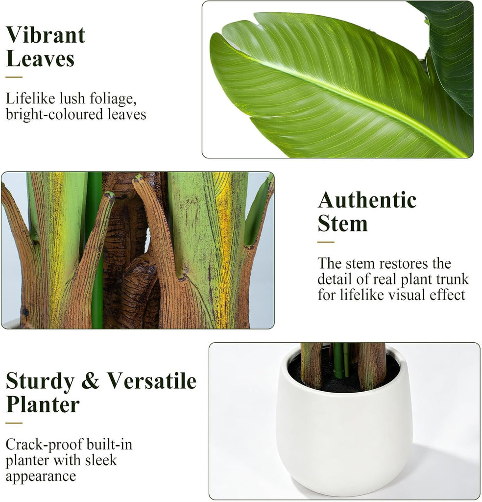 Bird of Paradise Artificial Plant in White Pot, 7ft Tall Faux Banana Leaf Tree with 3 Tropical Bird Flowers & 15