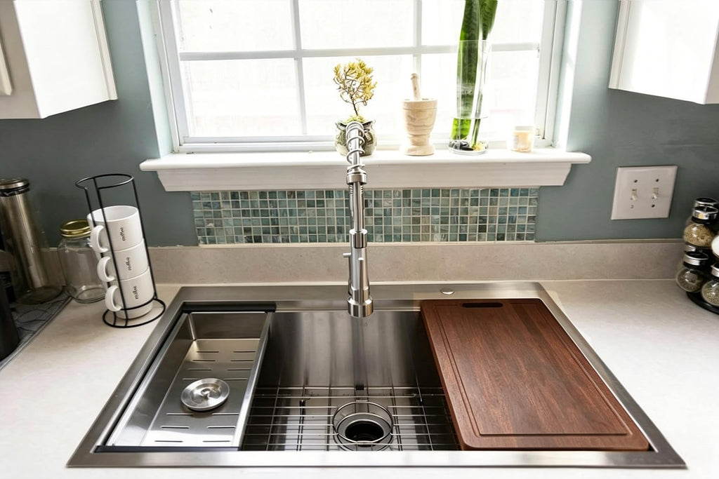 33x22 Inch Drop Sink, Single Bowl Workstation Handmade Farmhouse Topmount Stainless Steel Kitchen Sink with Dish