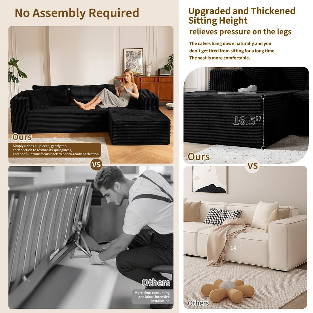 110" No Assembly Compression Boneless in a Box Cloud Sectional Couches L-Shape Couch Sleeper Sofa, Modern Modular