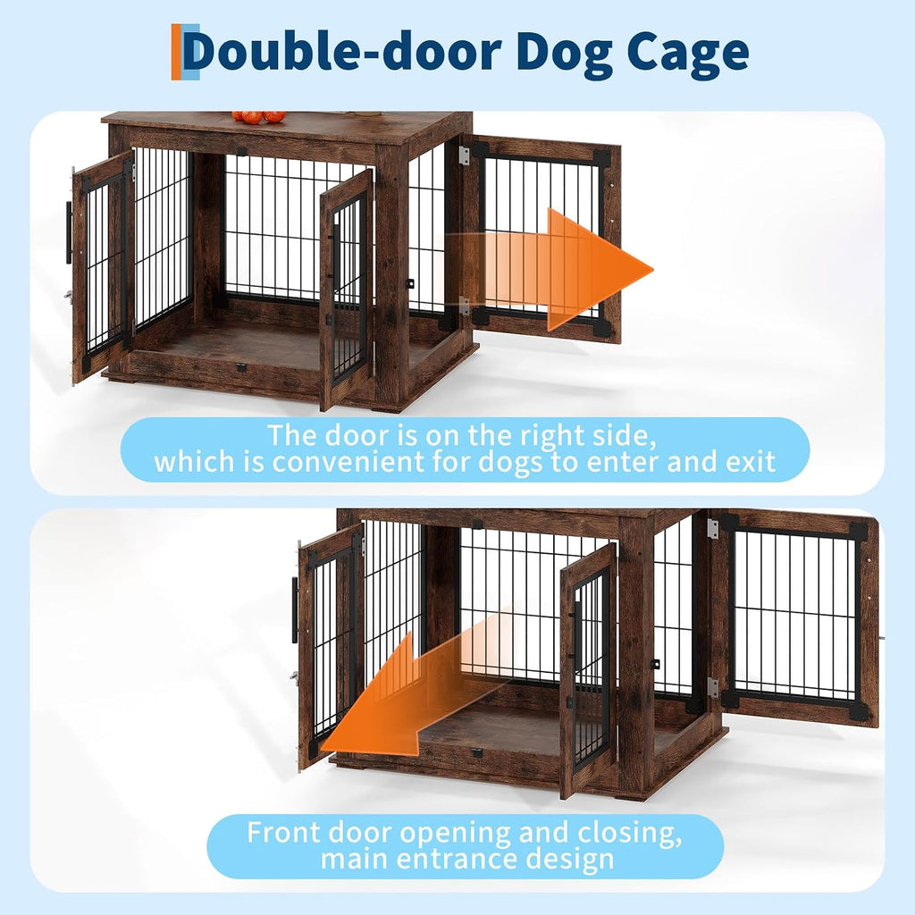 Farmhouse Dog Crate Furniture End Table - Heavy Duty Wooden Kennel Cabinet with Double Doors for Small/Medium Dogs