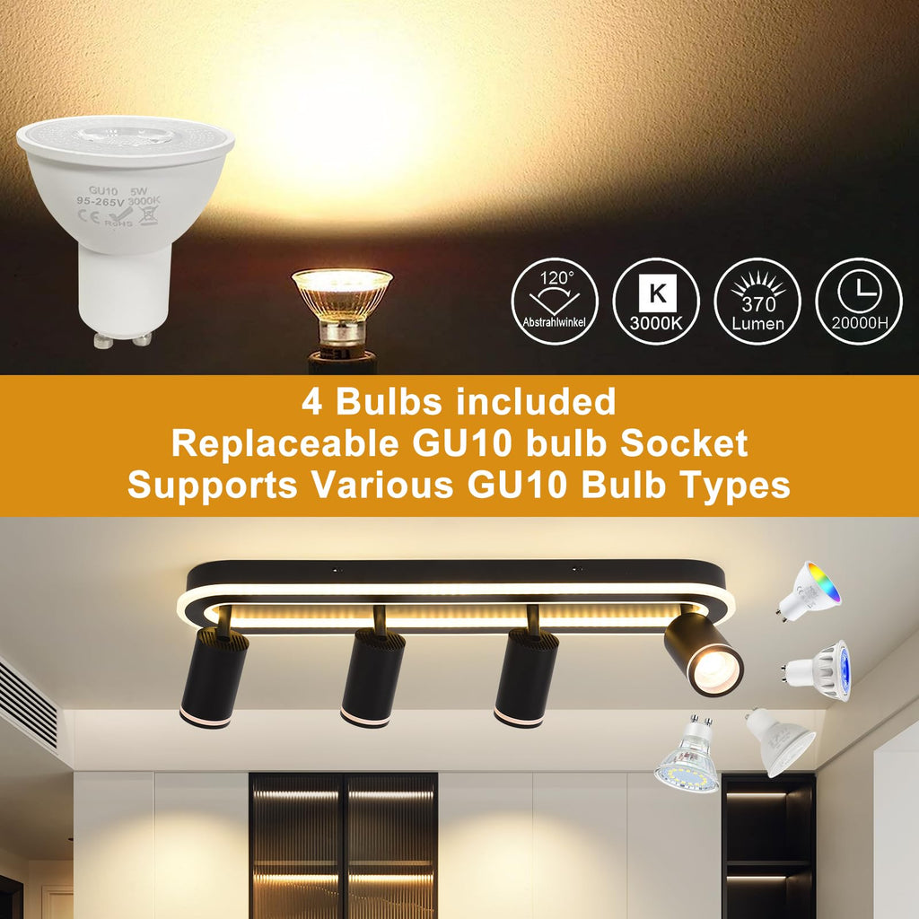 LED 4 Light Track Lighting Spotlight Kit, Modern Black Track Light Fixture