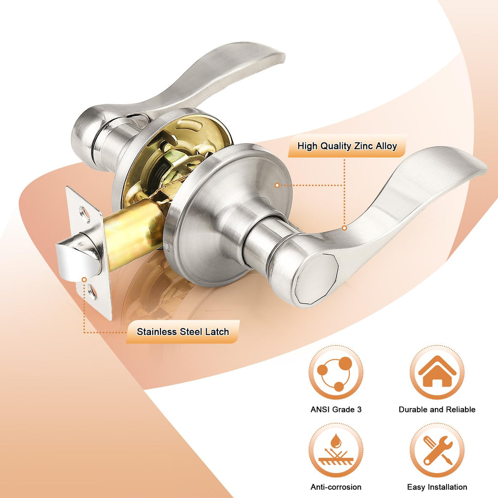 Interior Brushed Nickel Door Handle, Wave Style Passage Door Handles, Keyless Door Levers Lockset for Closet and