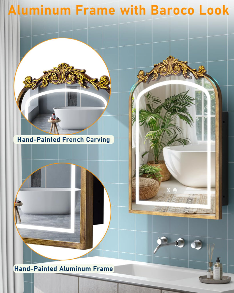 20"x30" LED Bathroom Medicine Cabinet with Mirror and Lights, Bronze Hand-Painted Baroque Bathroom Storage with