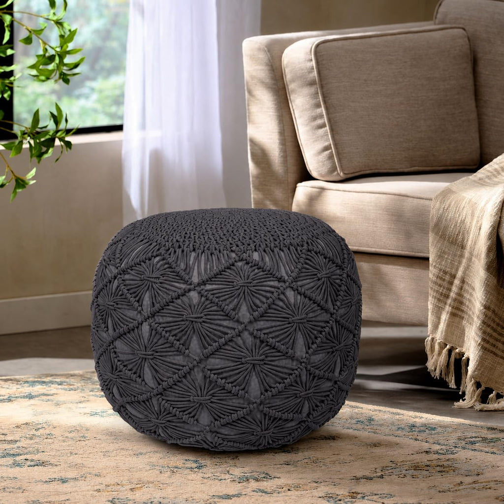 Macrame Pouf Ottoman 20x20x14 Grey Handwoven Dori Footrest Stool