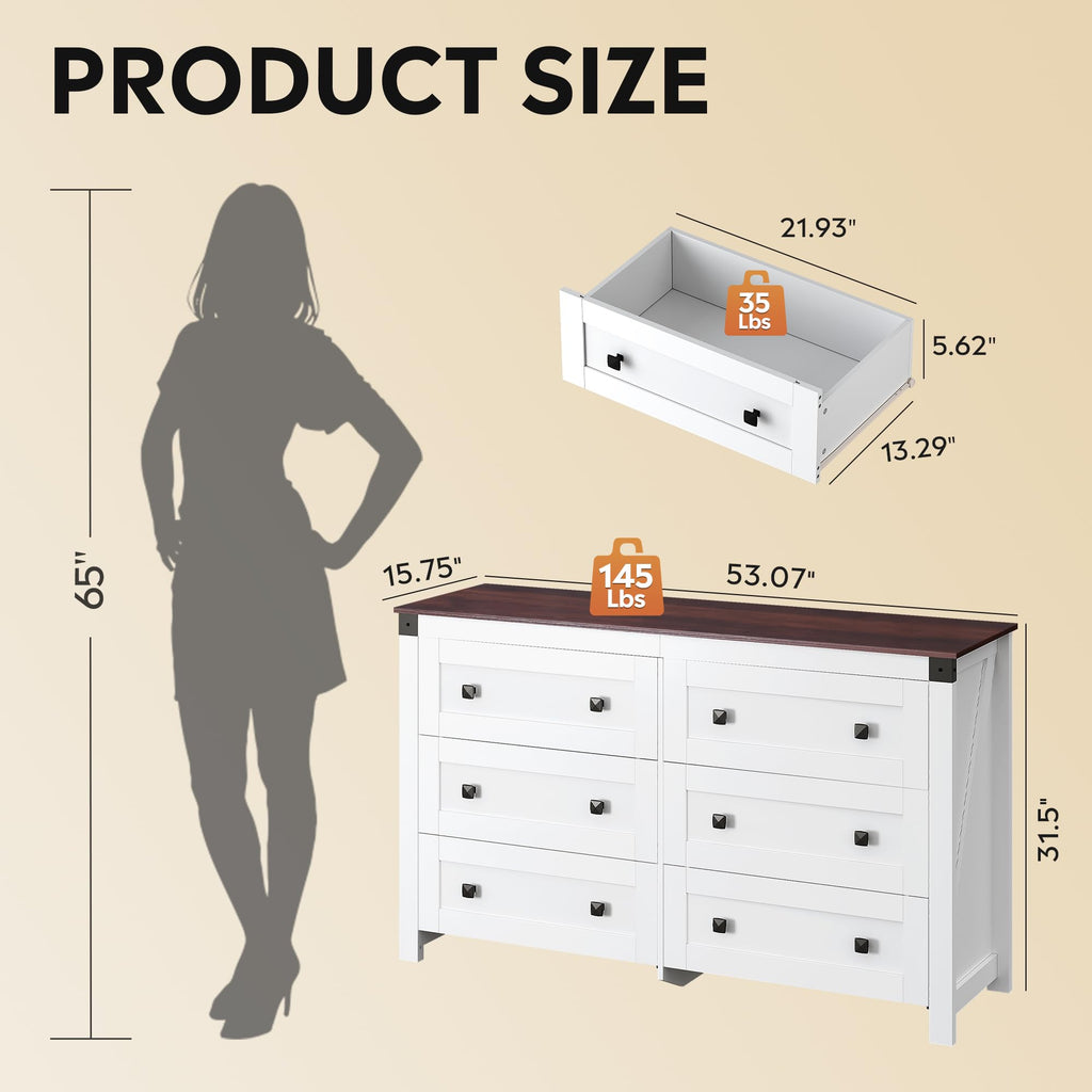 6-Drawer 53.07" W Farmhouse TV Stand for TVs up to 60 in, White