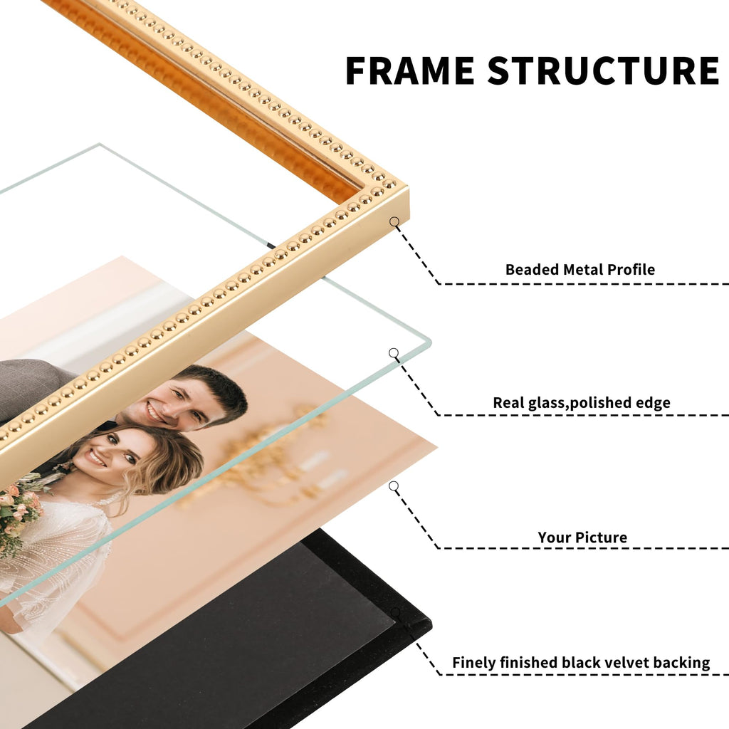 5x7 Double Hinged Picture Frame, Metal Beaded Design, Gold