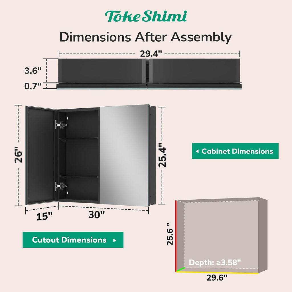 30 x 26 Surface Mount Medicine Cabinet Mirror Black, Aluminum Recessed Medicine Cabinet Mirror with Storage with
