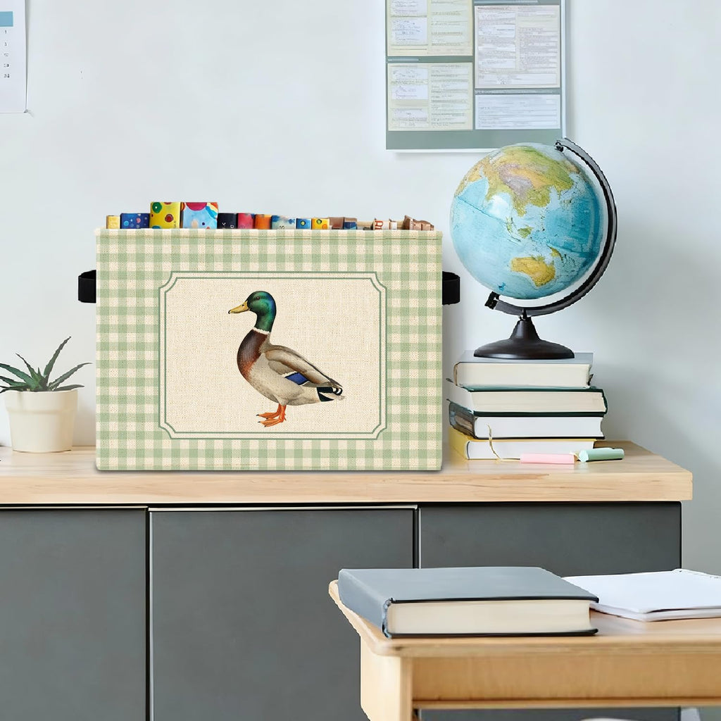 Mallard Duck Sage Green Checkered Storage Bins Box with Handles, Cottagecore Mallard Duck Plaid Laundry Basket Hamper