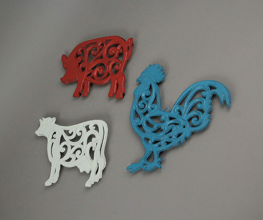 Farm Animal Kitchen Trivets, Red White Blue 9 Inch Cast Iron - Set of 3
