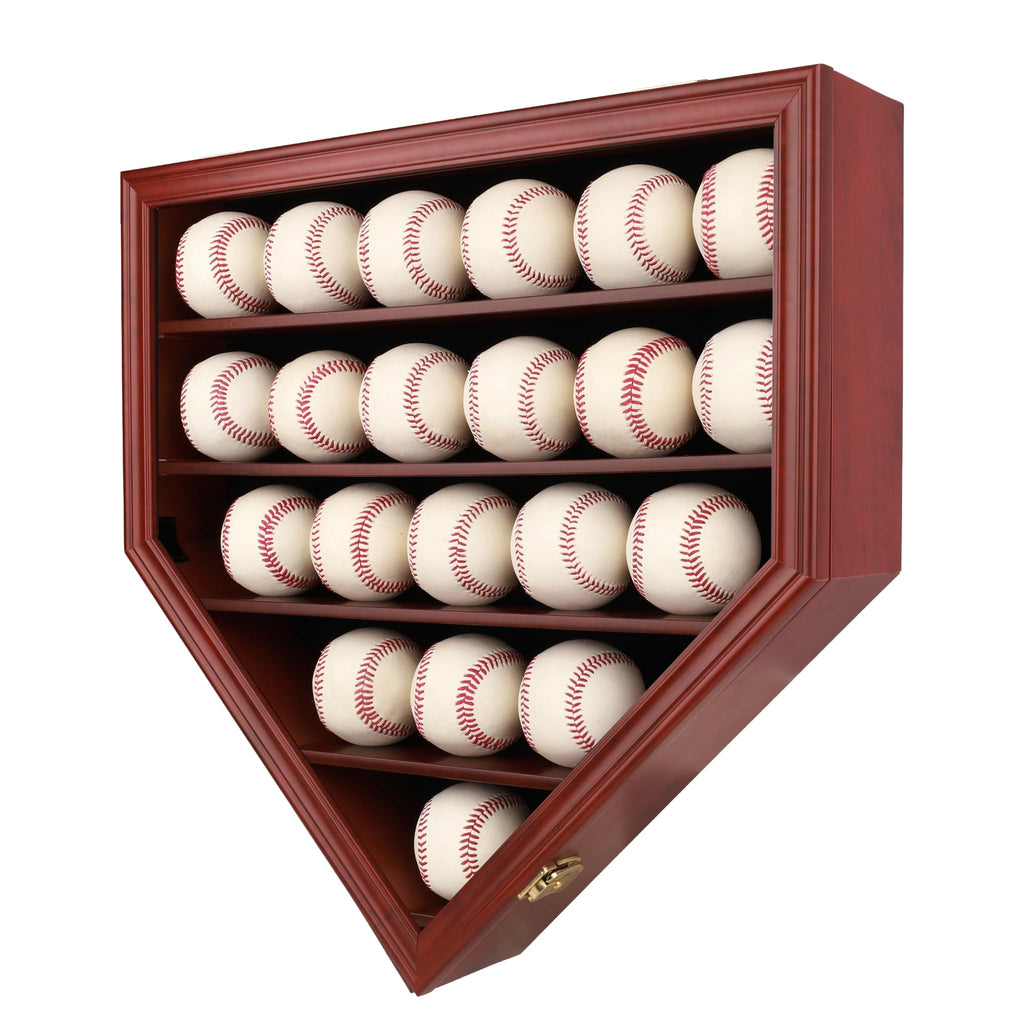 Baseball Display Case Wall Cabinet Holder Shadow Box 21 Slots UV Protected Lockable Cherry Finish