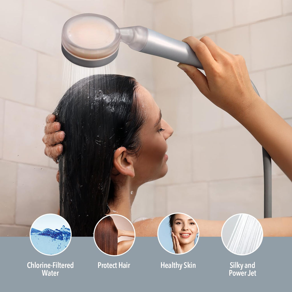Pluo Handheld Filtered Shower Head - Silver | Vitamin C Filter for Healthy Skin & Hair | High Pressure Soft Spray