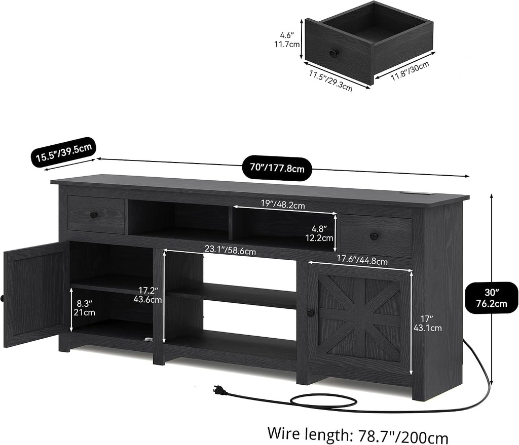 TV Stand for 75/80 Inch TV, Entertainment Center, TV Cabinet with Drawers and Power Outlet, Black TV Console for