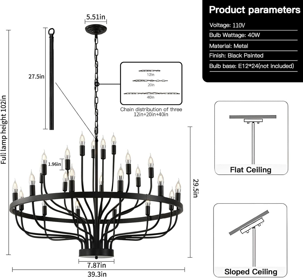 Black Chandelier 24 Light, Modern Farmhouse Chandelier for Dining Room, Round Industrial Candle Chandeliers Light, Wagon Wheel Chandelier 39in 3-Tier for Hallway, Living Room, Foyer, Island Lights A109-B0C3L4C68W