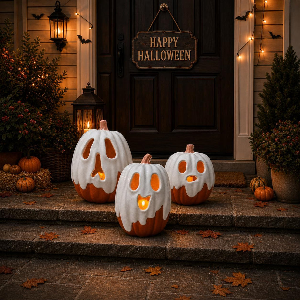 Halloween Decorations - 9.45" H Resin Ghost Pumpkin with Flameless Candle Outdoor - Cute Spooky Decoration