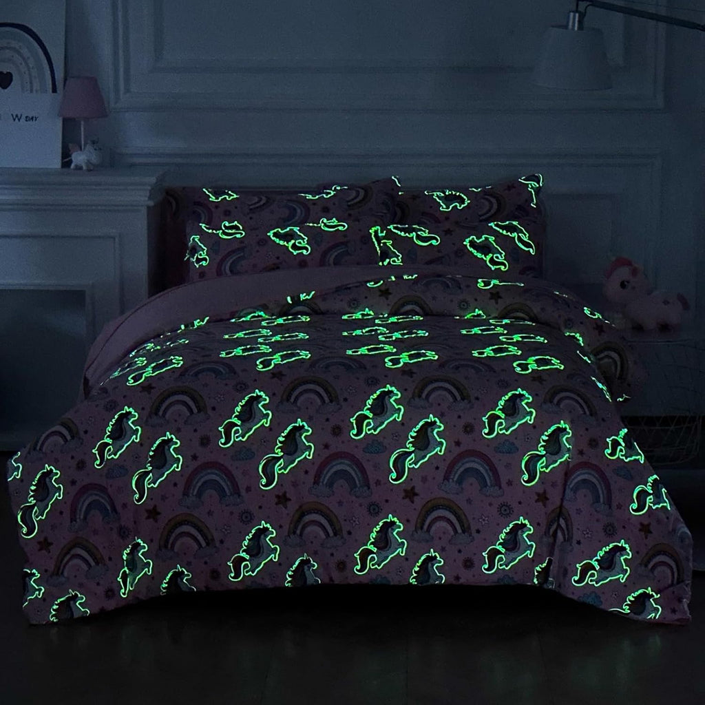 Glow in The Dark Kids Comforter Set, 3 Pieces Pink Unicorn Bedding Set Twin for Boys Girls Teen, 1 Comforter, 1