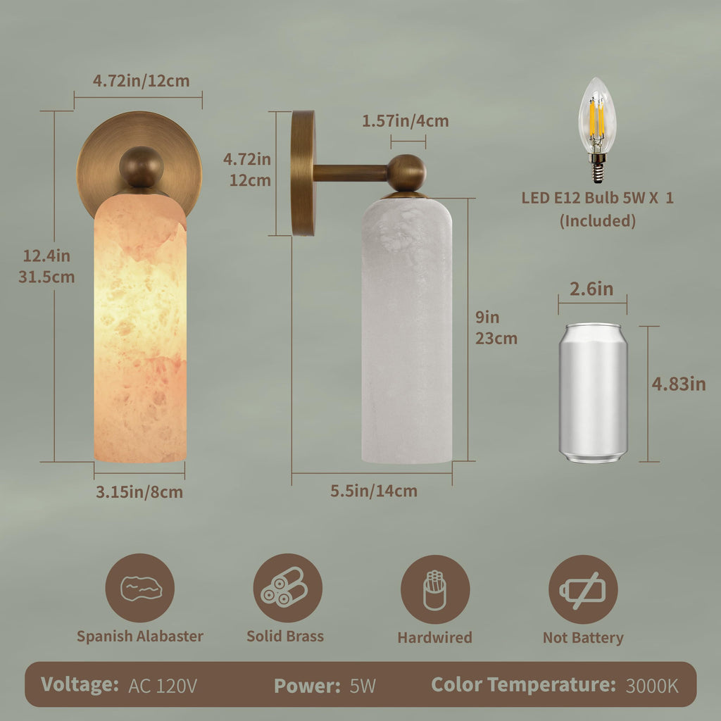Alabaster Wall Sconce with Solid Brass, 12.4 Inches, Set of 2