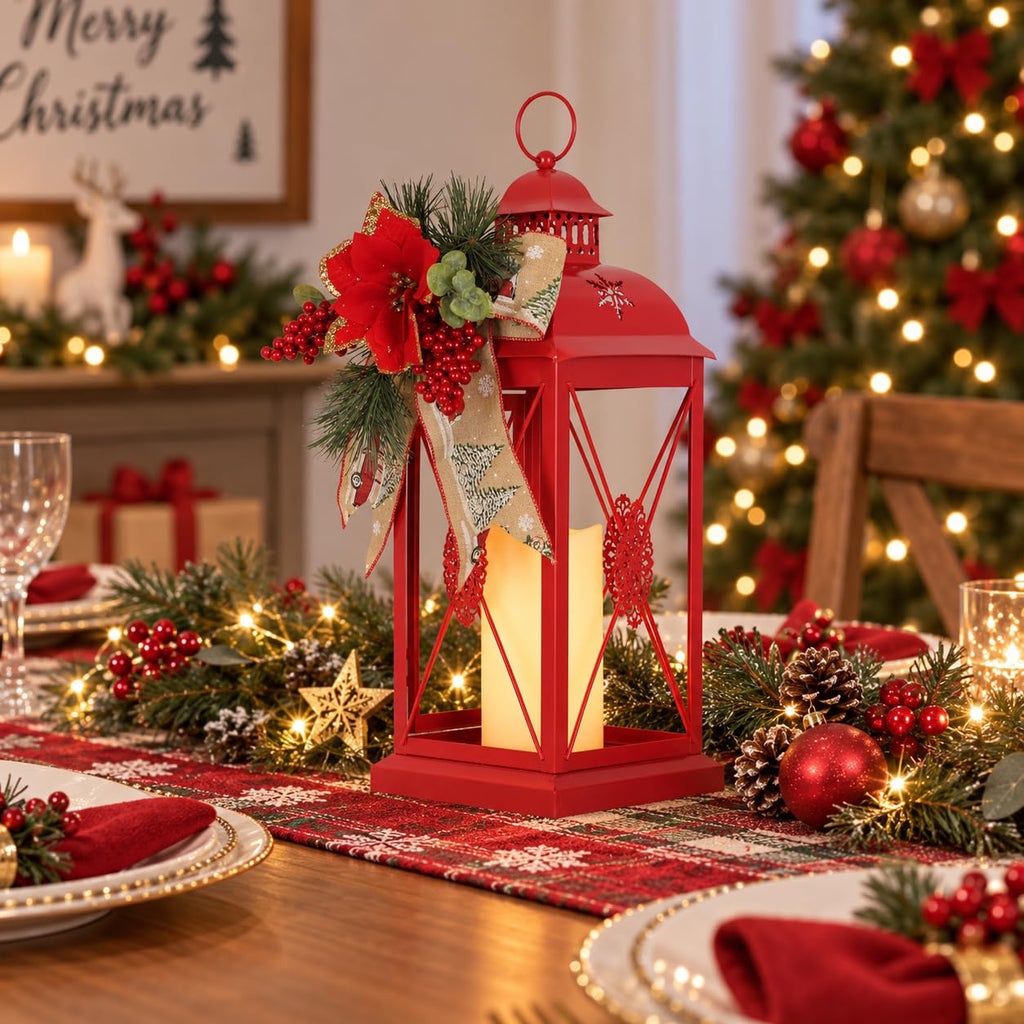 Christmas Decorations, 18" Metal Christmas Lantern with LED Candle and Floral Accents Decor, Decorative Hanging