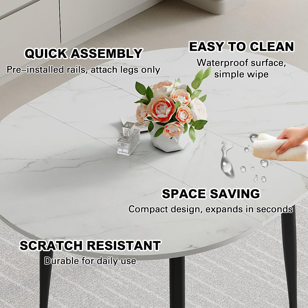 42"-54" Round to Oval Extendable Dining Room Table, White Faux Marble & Wood Grain Top with Black Metal Legs, Modern