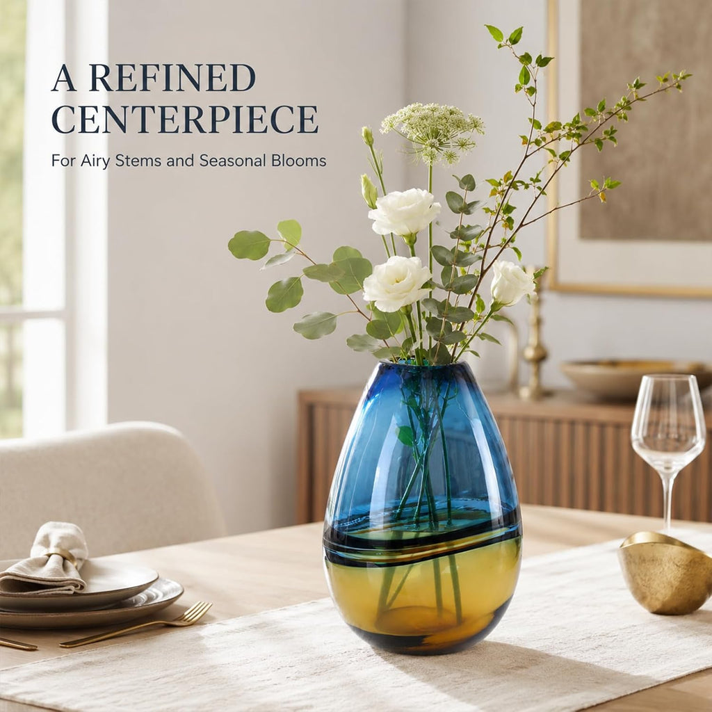 11.8in H Hand Blown Glass Vase,Murano Style Blue and Amber Gradient Sea Art