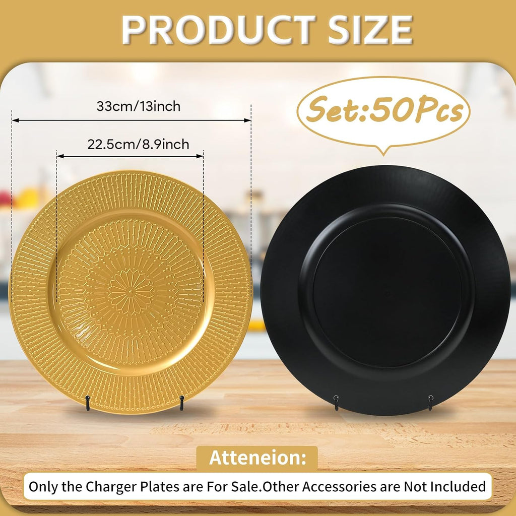 Gold Charger Plates Bulk, 13 Inch Beaded Gold Chargers for Dinner Plates Plastic Reusable Round Charger - Set of 50