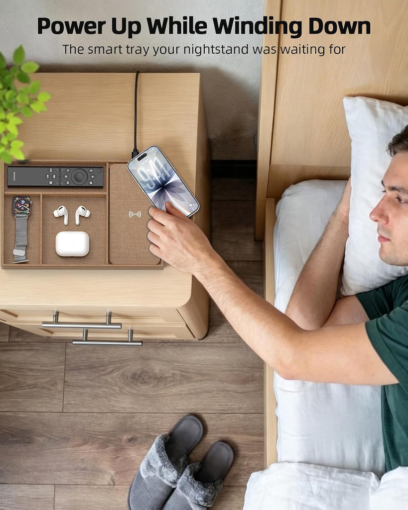 Valet Tray with Wireless Charger, Nightstand Organizer & Catchall Tray for Phone, Keys, Glasses and Accessories