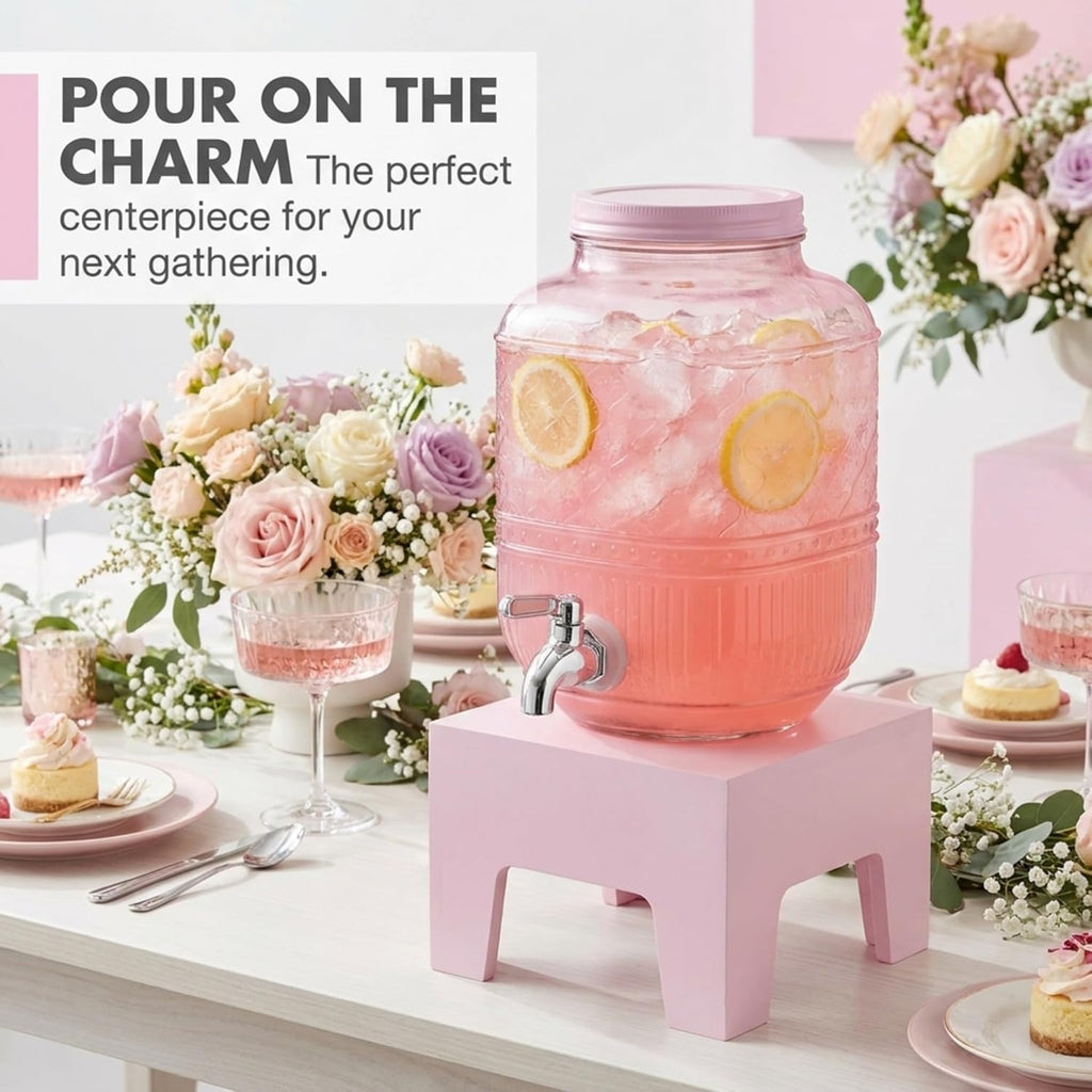 Beverage Dispenser 1 Gallon (16 Cups), Drink Dispenser, Wooden Stand, Pink