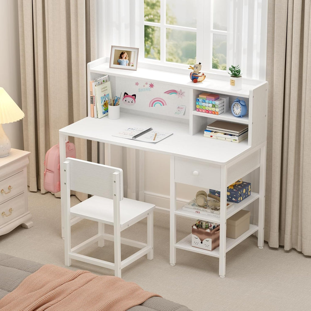 White Kids Desk and Chair Set for 6-12 Year Old, Children Study Desk with Hutch and Storage Shelf, Student Writing