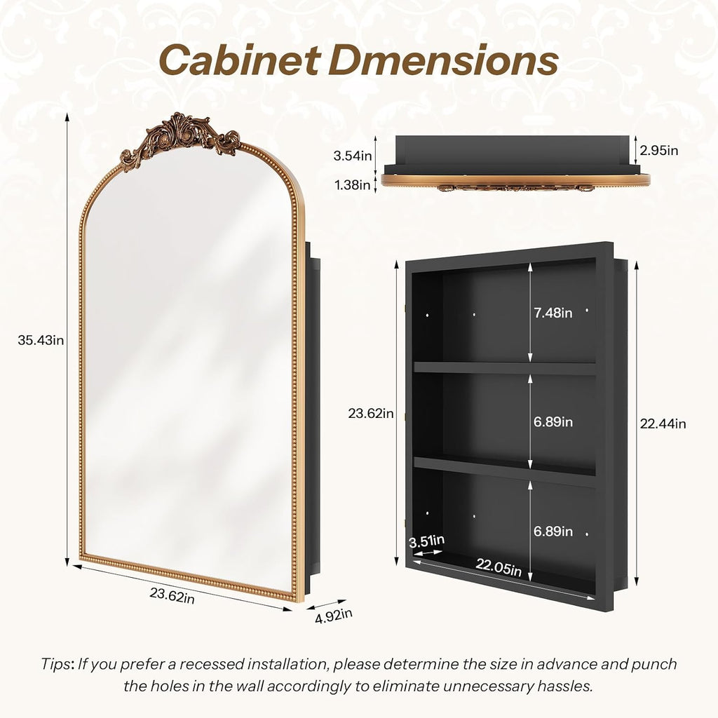 24x35 Vintage Bathroom Medicine Cabinet Mirror with Storage Gold | Easy Install Tempered Glass Mirror, Durable