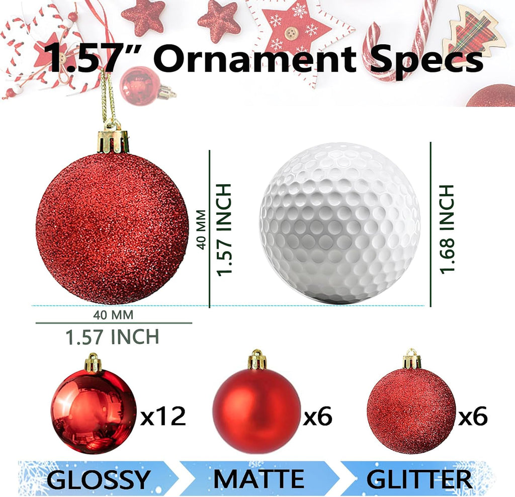 4cm/1.57" Shatterproof Christmas Balls Ornaments, Pre-Strung Hanging Xmas Tree Decorations, 3 Styles Holiday - Set of 24