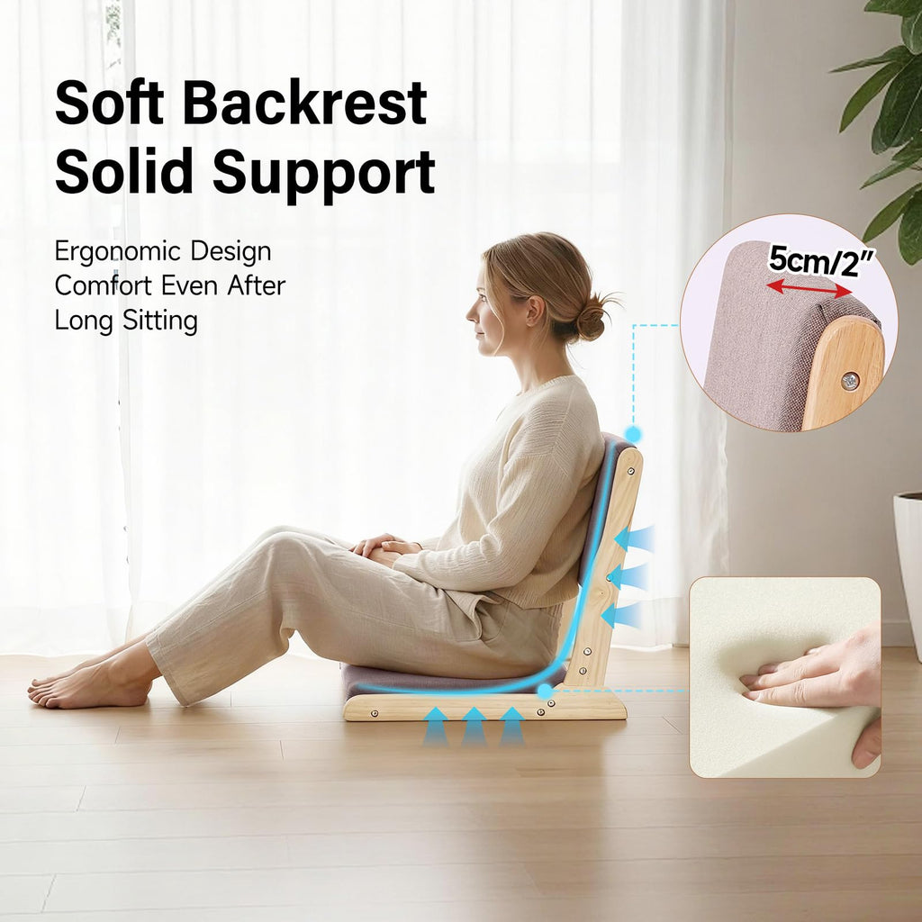 2-Pack Foldable Meditation Floor Chairs with Back Support, Wood Grey