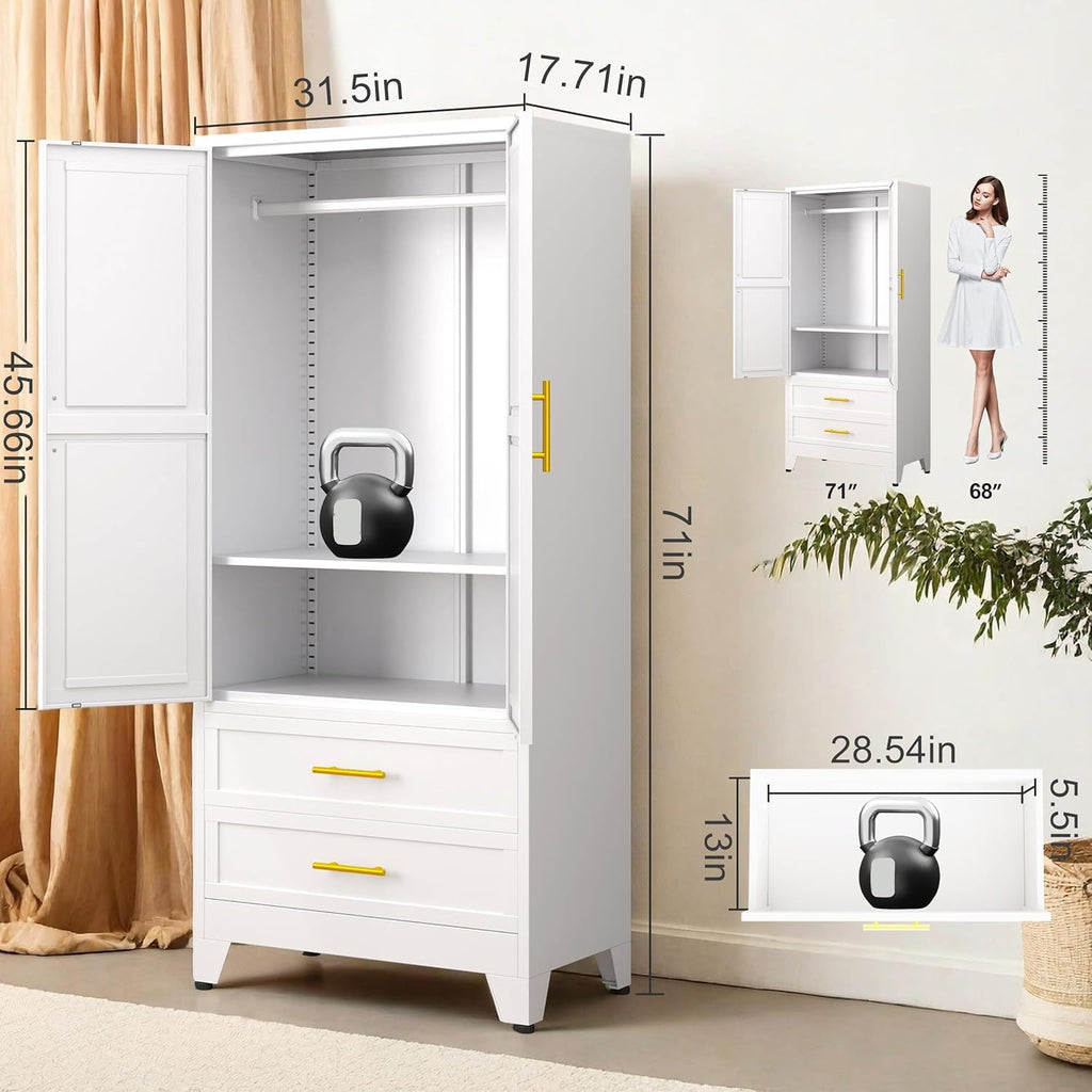 Metal Wardrobe Cabinet with Hanging Rod, Clothing Storage Cabinets | with 2 Door, 1 Adjustable Shelf and 2 Drawers