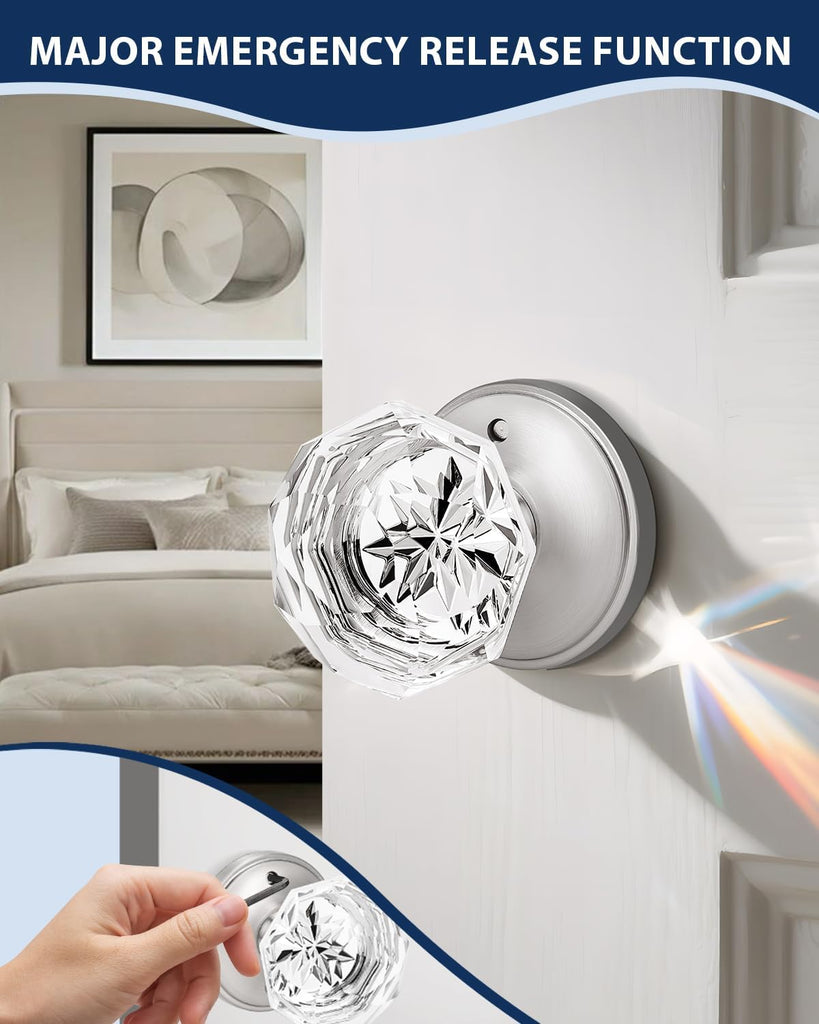 5 Pack Privacy Door Knobs, Clear Glass Door Handles with Satin Nickel Finish, Crystal Interior Door Handles for