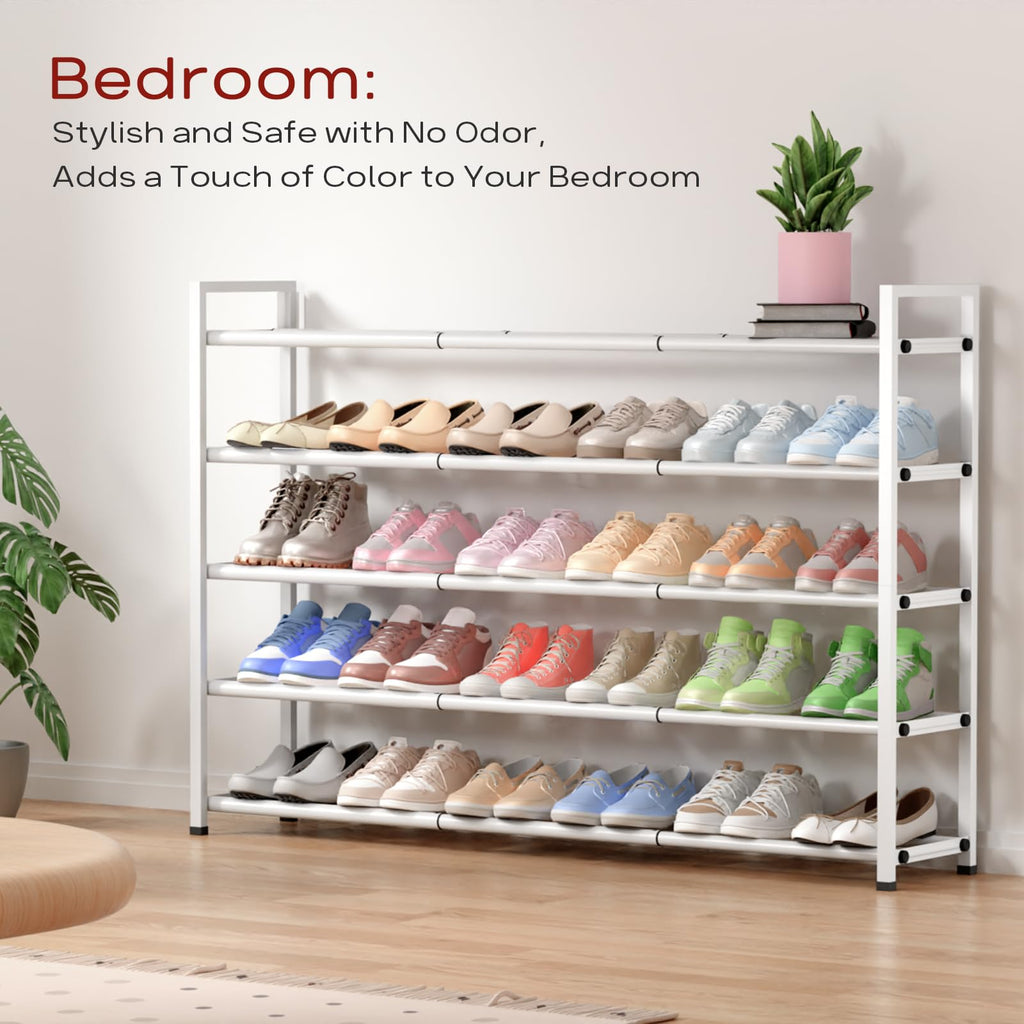 5 Tier Long Expandable Shoe Rack for Closet, White