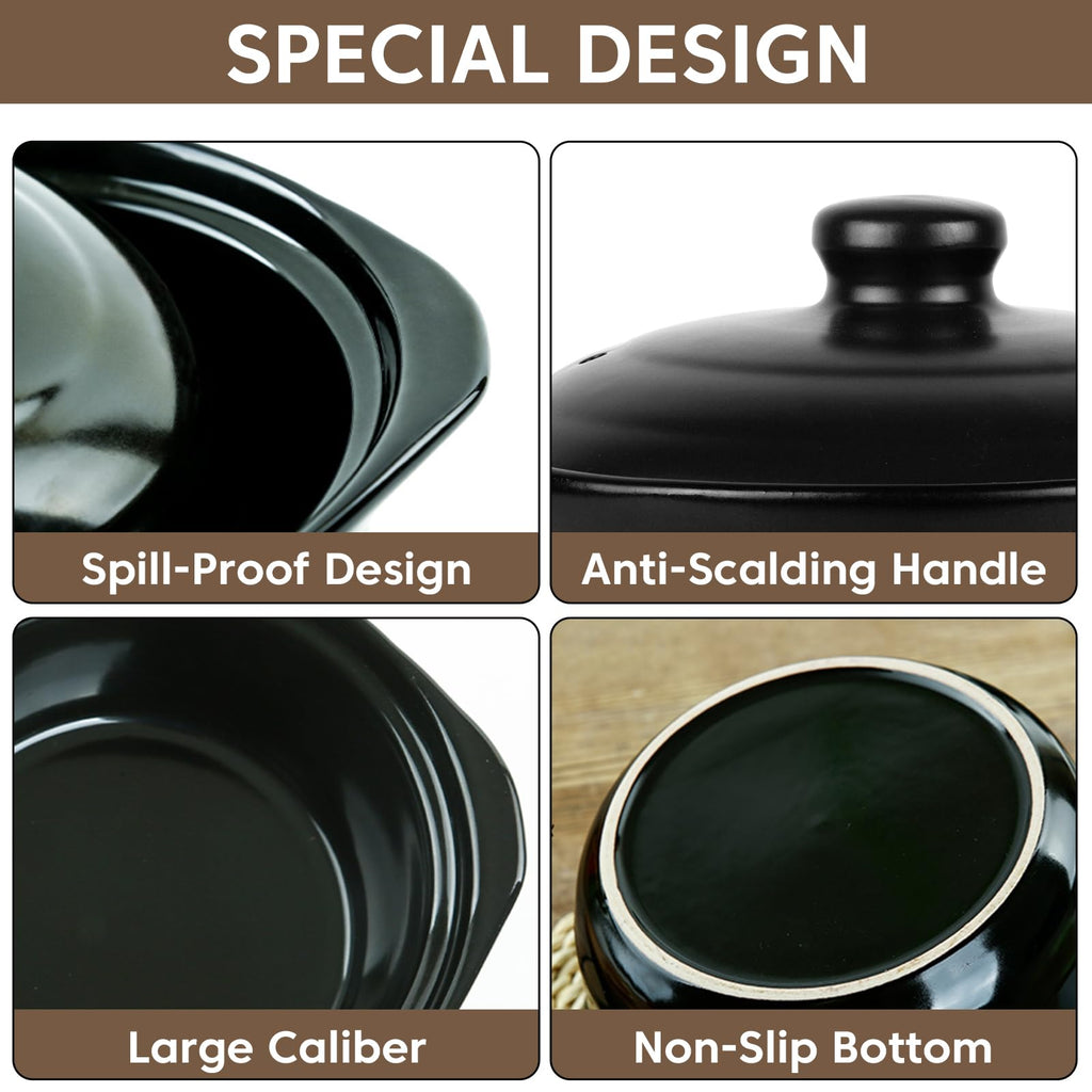 Ceramic Pots Casserole Soup Bowl with Lid Large Stock Clay Pot for Cooking (Black, 3.4 Quart)